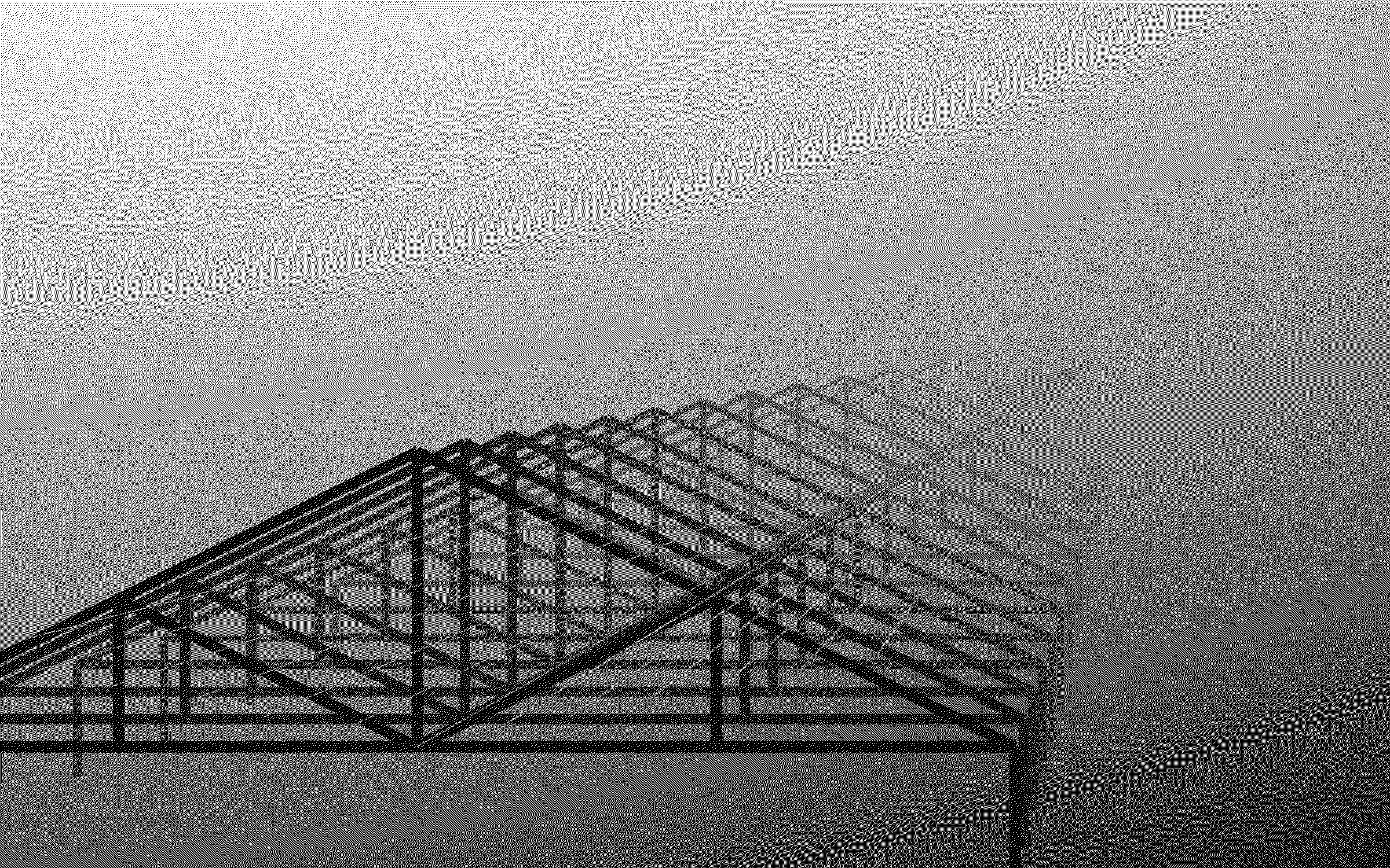 A bay of roof trusses receding in perspective, rendered as high-resolution black-and-white dithered artwork.